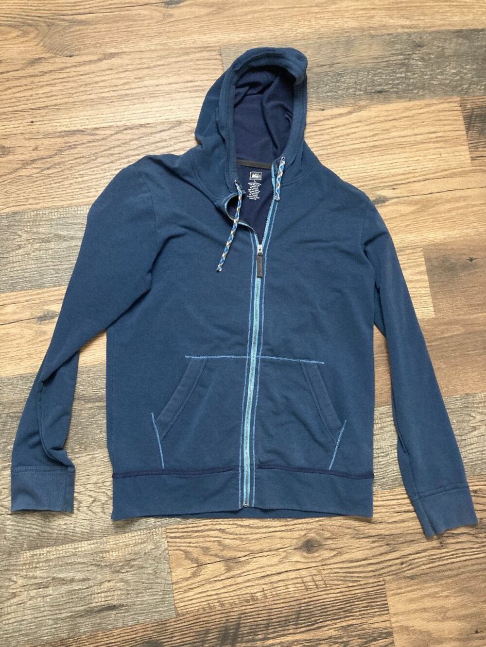 REI Men’s L Blue Full Zip Hoodie Stretch Cotton Blend Outdoor Sweatshirt